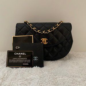 CHANEL Vintage Black Half Moon Quilted Lambskin Leather Flap Bag